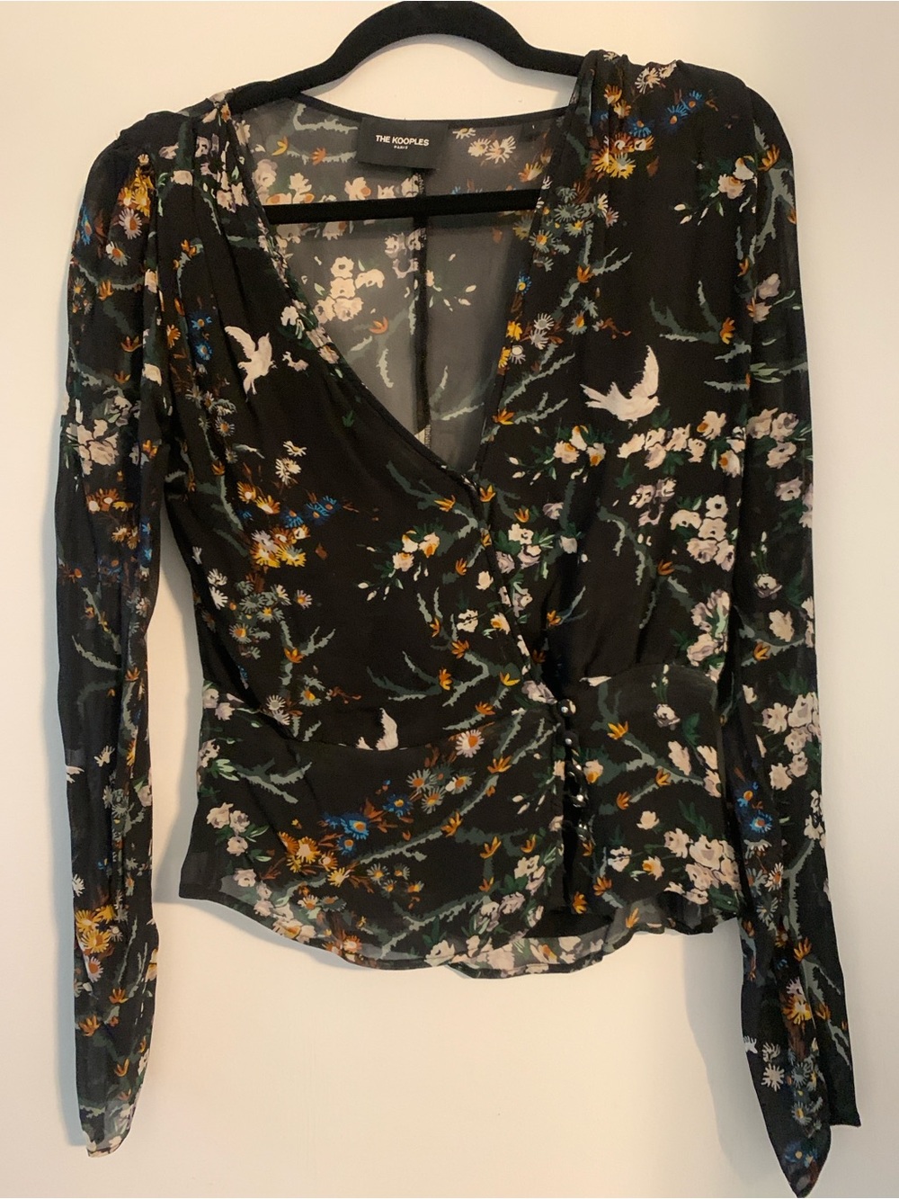 The Kooples Black Floral Wrap Blouse with Bird Motif